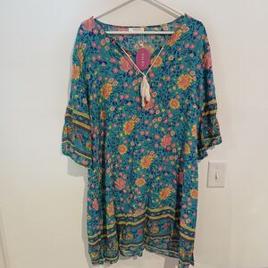 NWT Halife Beach Cover Up Women’s 2XL Bohemian Floral Printed Tassle Tunic